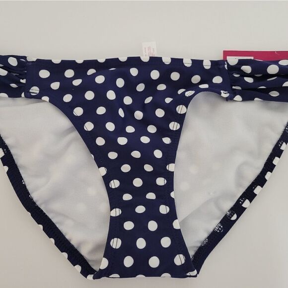"SO" Woman's bikini 👙 bottoms Size: small 3/5 blue/white polka-dots NWT - Picture 1 of 5